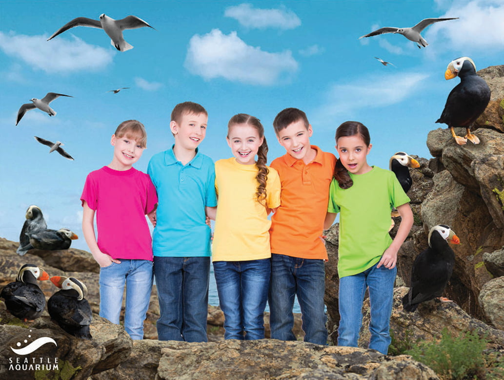 Five children in colorful shirts standing in front of a greenscreen background.