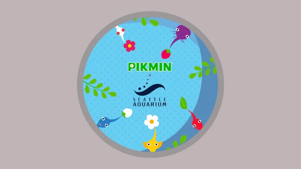Pikmin characters surrounding Pikmin X Seattle Aquarium.