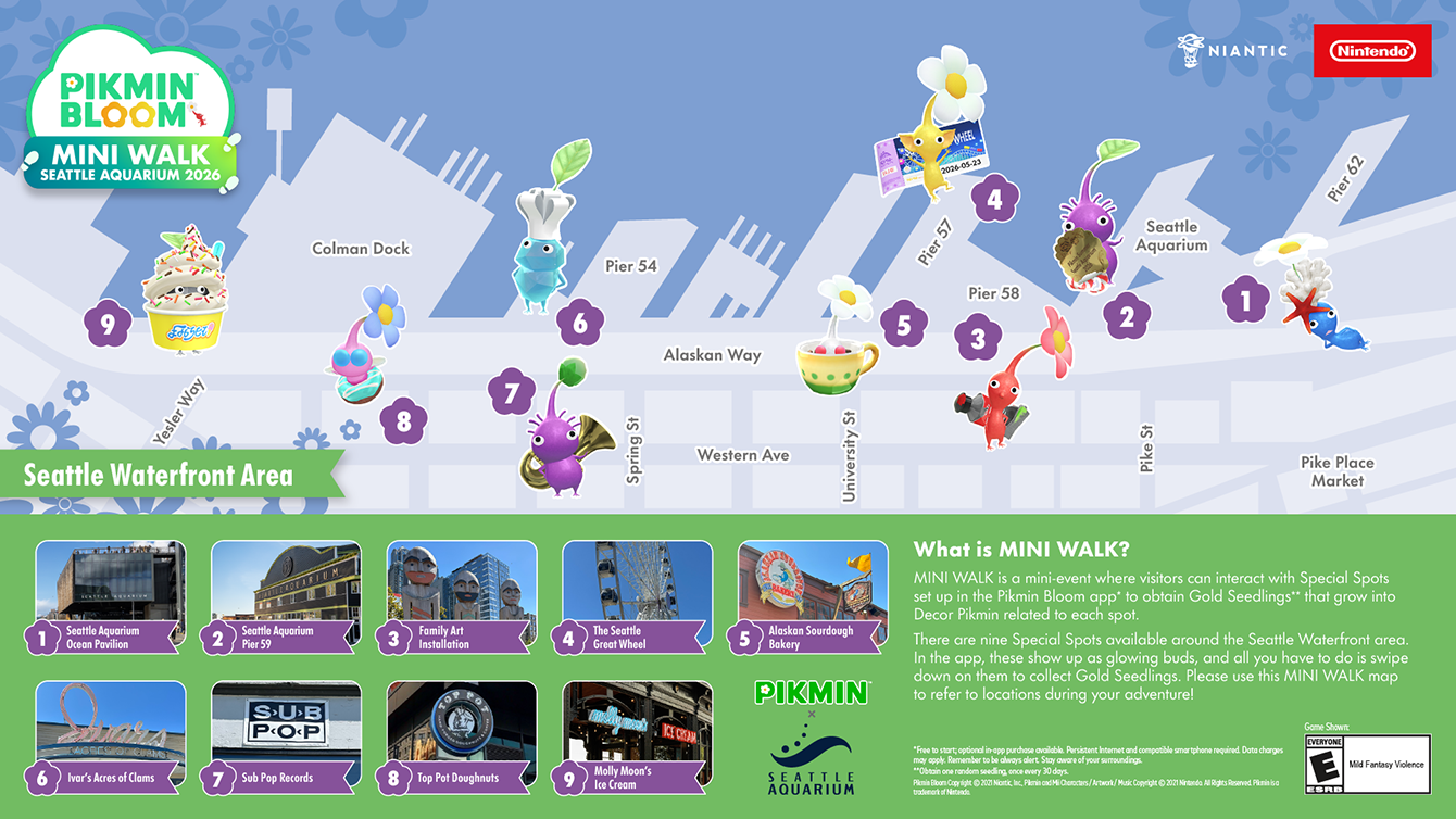 Pikmin Bloom Mini Walk Seattle Aquarium 2026 map of the Seattle Waterfront area featuring different locations and Pikmin which can be found during the event.