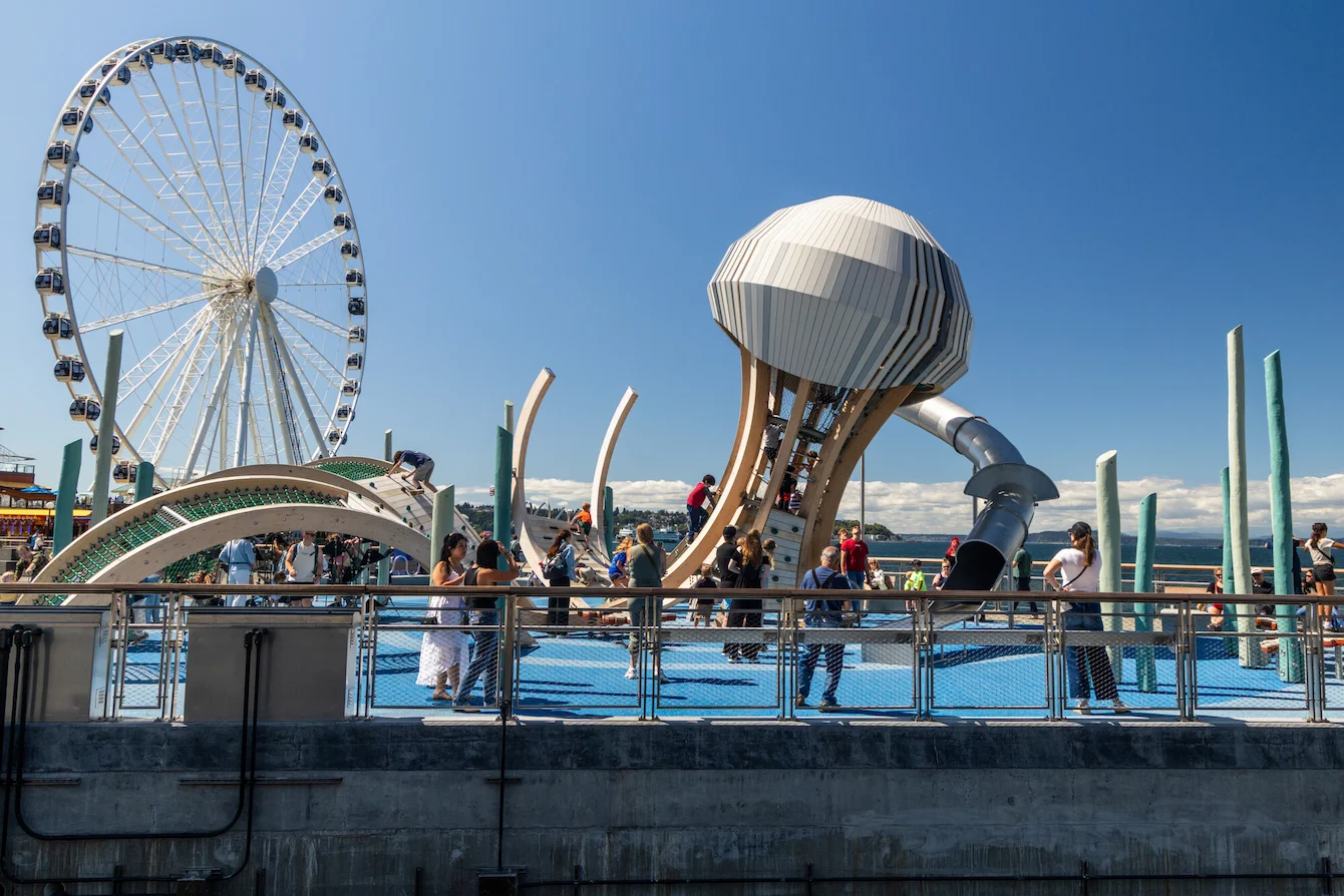 The Pier 58 playground located on Seattle's waterfront, featuring different uniquely shaped play structures. The Great Wheel attraction can be seen to the left and Elliot Bay in the background.