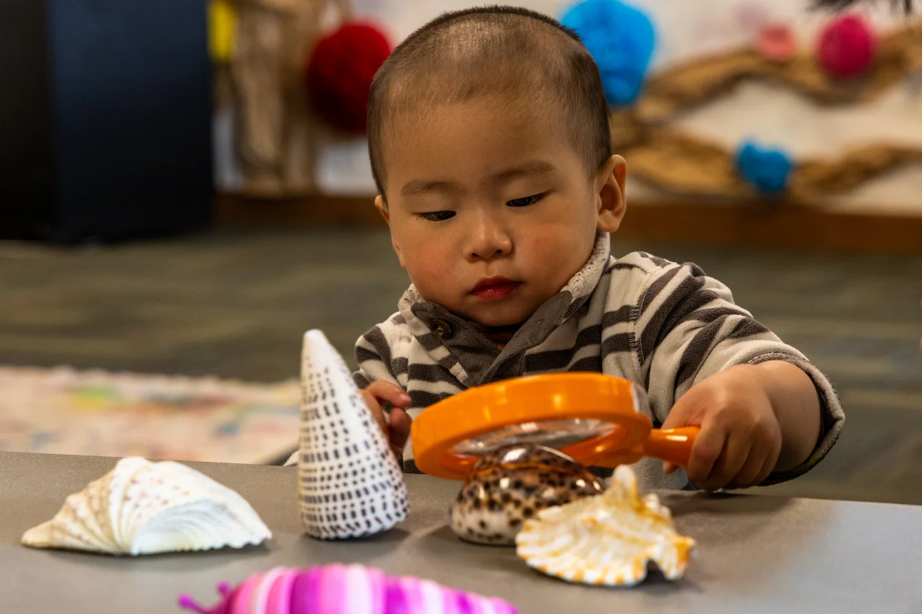 A toddler looking through a magnifying glass at different objects during a Seattle Aquarium Toddler Time event.